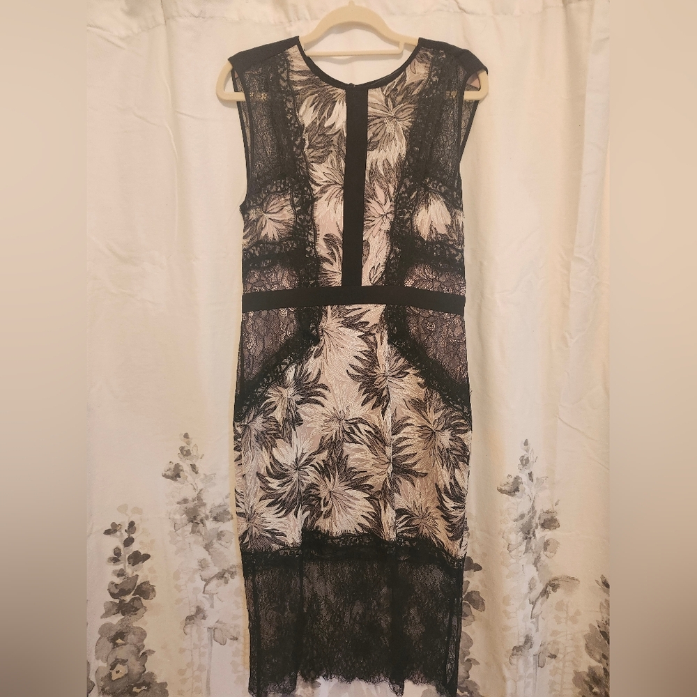 BCBGMaxAzria Black and Cream Floral Lace Midi Dress